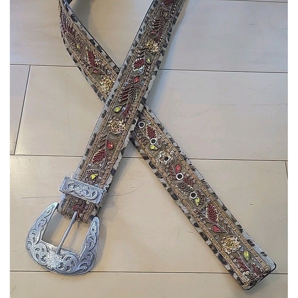 Sandy Duftler Designs Vintage Belt Silver Buckle Floral Embellished Leather L